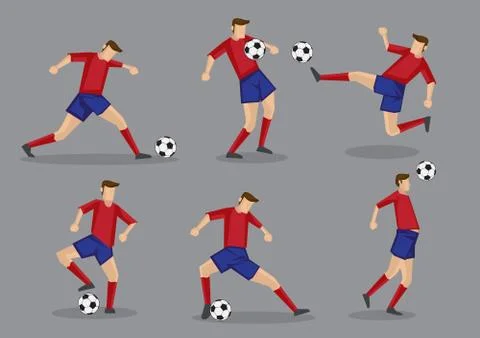 Soccer Player Kicking Passing Heading and Goal Shooting Poses Illustrazione stock