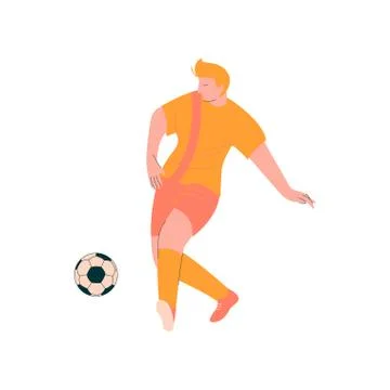 Soccer Player, Male Footballer Character in Orange Sports Uniform with Ball Stock Illustration