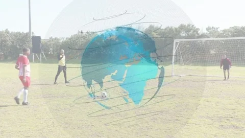 Soccer player placing, striking ball for goal as GK dives player down ref Stock Footage 333105953