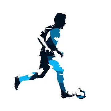 Soccer player running with ball, abstract blue isolated vector silhouette Stock Illustration