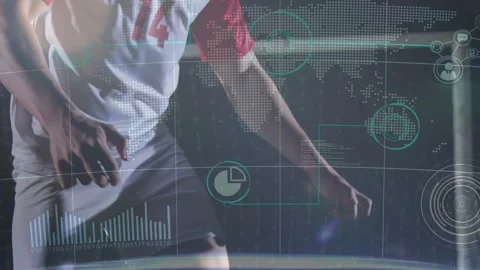 Soccer player shifting weight, rolling and flicking ball to chest with HUD Stock Footage 330546495