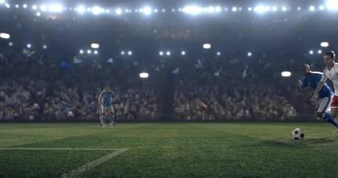 Soccer player shows a dramatic play on a professional stadium, with splashes and Stock Footage 125255994