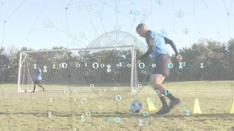 Soccer player starting cones weaving to goal shooting ball testing keeper Stock Footage 333575433
