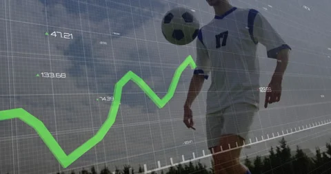 Soccer player tapping ball and activating sports chart overlay while juggling 库存影片 311604710