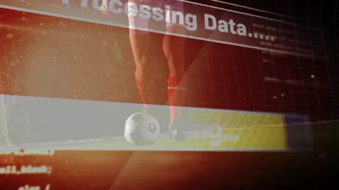 Soccer player tapping ball to keep control while sports analytics overlay Stock Footage 317184686