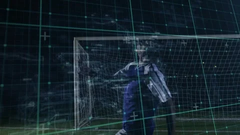 Soccer player tracking ball, launching bicycle kick scoring goal, with green Stock Footage 330546461
