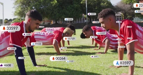 Soccer players doing sync push-ups, camera pullback revealing floating badges Stock Footage 331712674