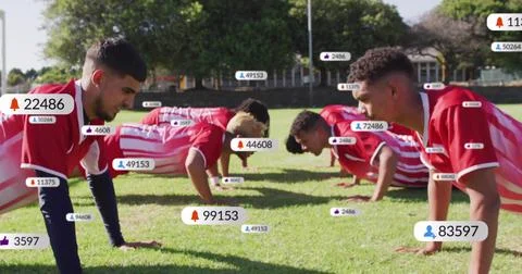Soccer players doing sync push-ups, camera pullback revealing floating badges Stock Photos