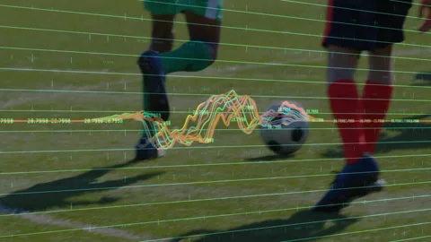 Soccer players on field with performance data analysis animation over them Stock Footage 305814431