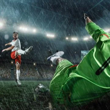 Soccer players performs an action play on a professional rainy stadium Stock Photos