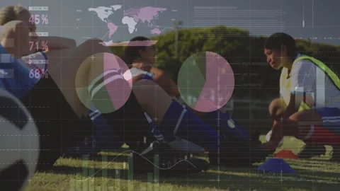 Soccer players resting on field with data visualization animation overlay Stock Footage 304013999