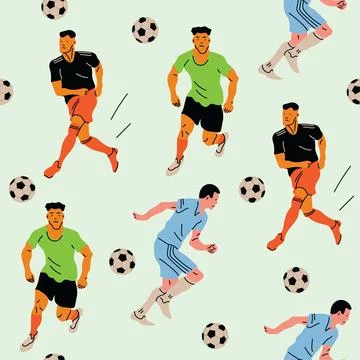Soccer Players Seamless Pattern with Running Football Athletes and Balls. T.. Stock Illustration