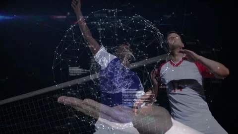 Soccer players watching hand spawning code globe then leaping intercepting ball Stock Footage 310429824