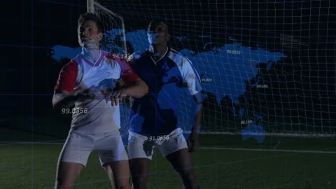 Soccer players with world map overlay, tracking ball, contesting header to send Stock Footage 330106167