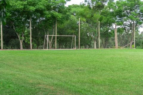 Soccer practice field in a club in southern Brazil and the goalkeeper's post Stock Photos