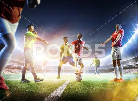 Soccer referee in action on grand arena Stock Photos