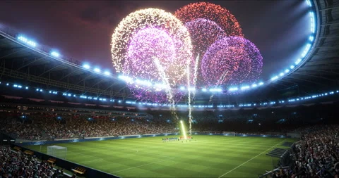 Soccer Stadium Match Opening Ceremony Fireworks Stock Footage 337156548