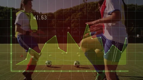 Soccer team executing footwork drills on field, sports analytics overlay showing Stock Footage 309095786
