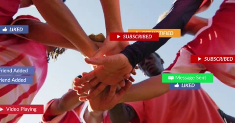 Soccer team placing hands under sky, meeting activating subscribe buttons and Stock Footage 318238826