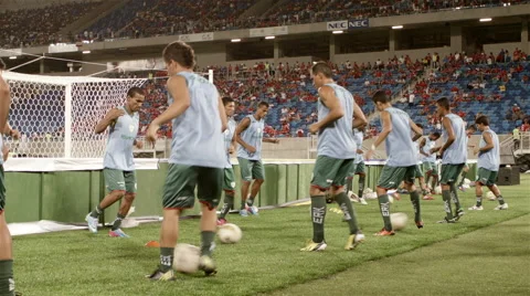 Soccer team warm up with balls Stock Footage 48169429
