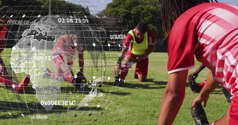 Soccer team warming up via hamstring stretch after hologram activation, syncing Stock Footage 314348537