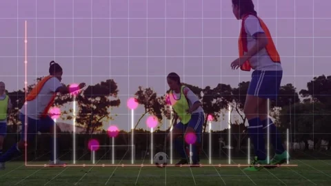 Soccer teammates running drill on grass while tracking glowing data grid overlay Stock Footage 329989679