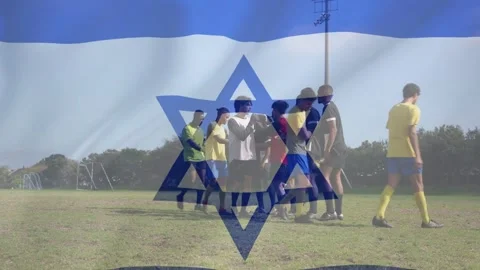 Soccer teams shaking hands grouping around ref settling dispute on pitch, star Stock Footage 334788290