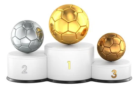 Soccer winner podium with gold silver and bronze balls, 3d rendering Stock Illustration