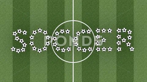 Soccer word composed of soccer balls on green grass field Stock Illustration