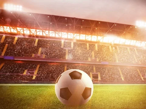 Soccerball at the stadium during sunset Stock Footage 79512275