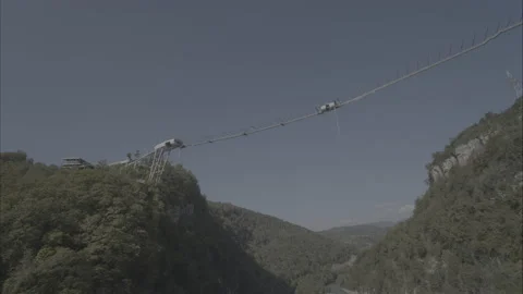 Sochi, Russia. Flying a drone from a height above the bridge Sochi Skypark Stock Footage 146640802