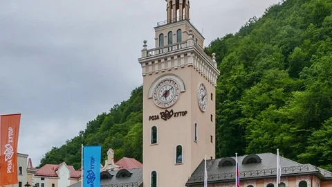 Sochi, Russia - September 1, 2017: Clock Tower Rosa Khutor at sunset. Time Stock Footage 83674642