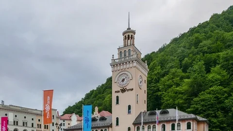Sochi, Russia - September 1, 2017: Clock Tower Rosa Khutor at sunset. Time 스톡 동영상 83674833