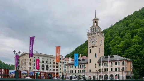 Sochi, Russia - September 1, 2017: Clock Tower Rosa Khutor at sunset. Time Stock Footage 83676442