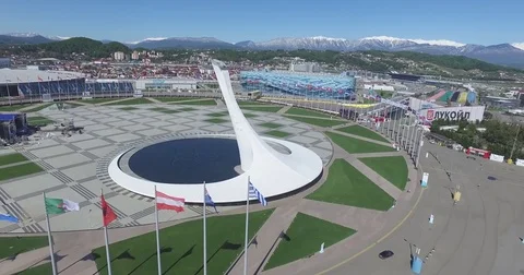 SOCHI, RUSSIA Sochi Olympic Fire Bowl in the Olympic Park Aerial. Sochi Olympic Vídeo Stock 75186530