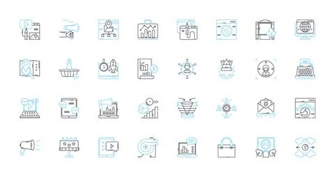 Social analytics linear icons set. Metrics, Engagement, Insights, Performance 스톡 일러스트