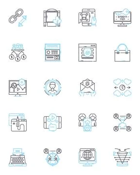 Social analytics linear icons set. Metrics, Engagement, Insights, Performance Illustrazione stock