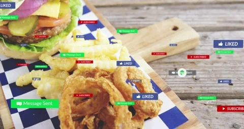 Social badges appearing, pushing camera sliding over wood table, revealing Stock Footage 333963147