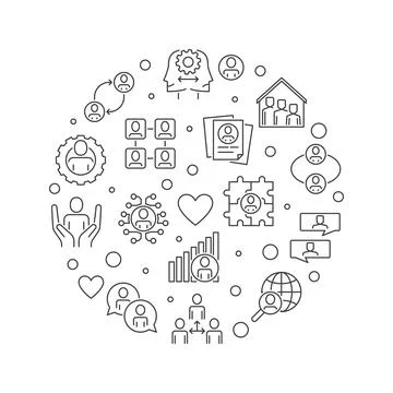 Social Behavior Patterns vector line round banner - Sociology concept backg.. Stock Illustration