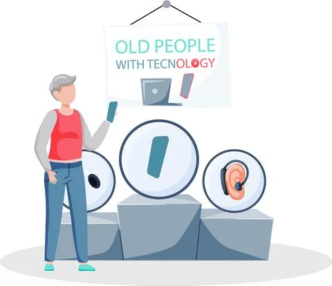 Social concept old people using gadgets and technology. Elderly person works or Stock Illustration