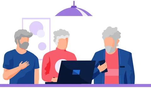 Social concept old people using computer and technology. Elderly person works or Stock Illustration