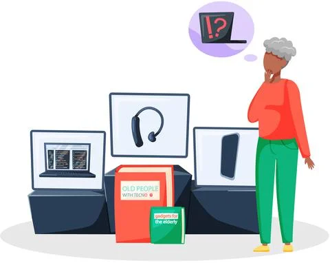 Social concept old people using gadgets and technology. Elderly person works Stock Illustration