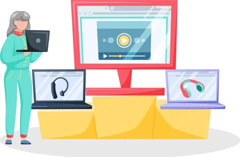 Social concept old people using gadgets and technology. Elderly person works or Stock Illustration