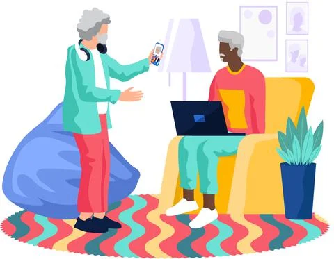 Social concept old people using computer and technology. Elderly person works or Illustrazione stock
