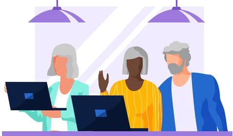 Social concept old people using computer. Senior man and woman sitting and Stock Illustration