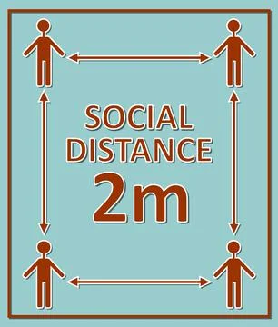 Social distance 2m label with figures and arrows, red pictogram on blue Stock Illustration