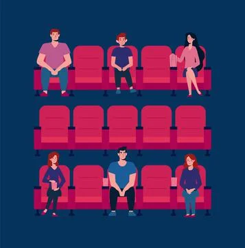 Social distance in the cinema. Vector flat. There are few people in the Cinema Stock Illustration
