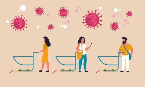 Social distance to shop queue store coronavirus. Supermarket lockdown people  Stock Illustration