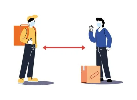 Social distancing between delivery man and client with mask and boxes vector Stock Illustration