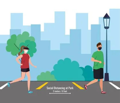Social distancing between man and woman with masks running at park vector design Ilustración de archivo
